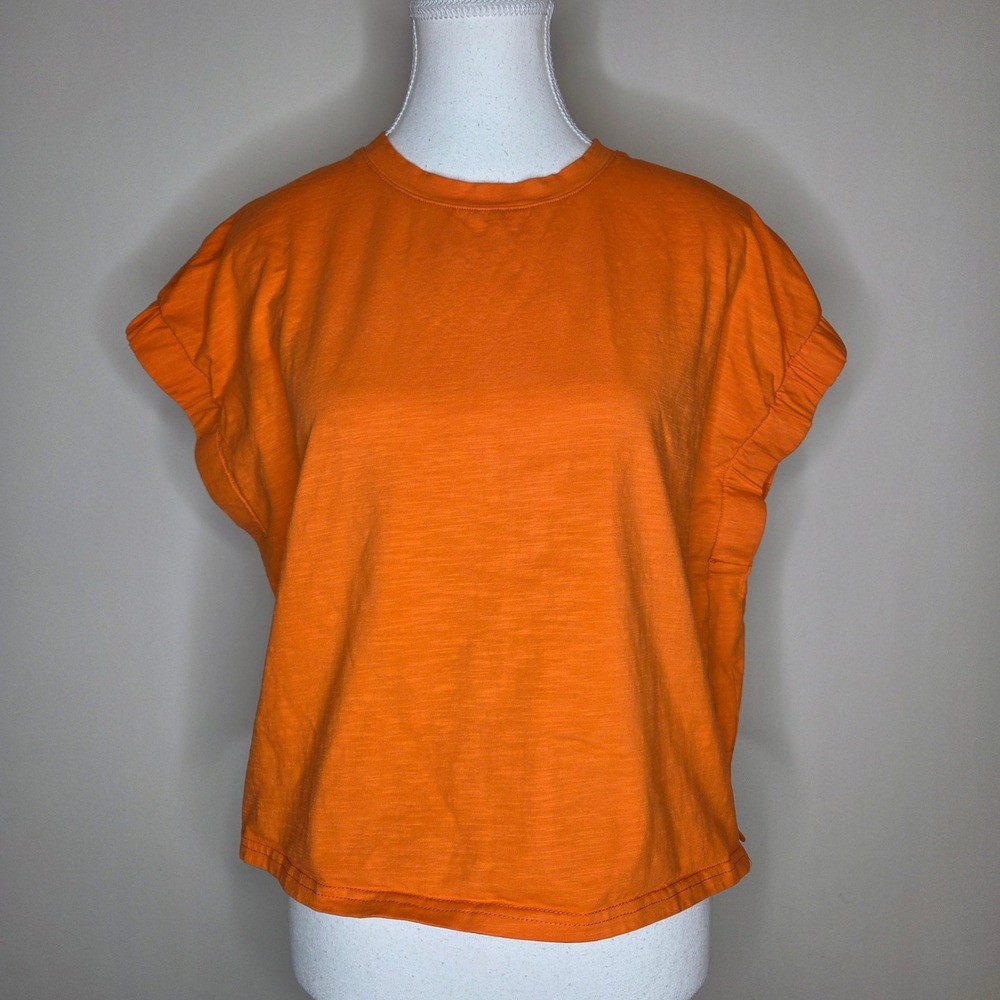 Day + Moon Orange Cropped Ruffle Cap Sleeve Slub Jersey Top Womens Small Neon‎